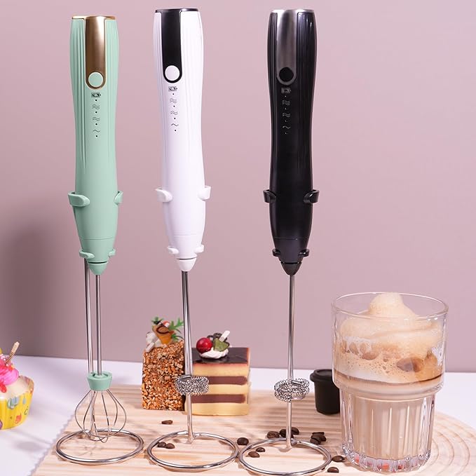 Rechargeable Milk Frother Handheld with Stand, Coffee Foam Frother Wand, Detachable Stainless Steel Whisk Drink Mixer for Coffee, Cappuccino, Lattes, Frappe, Matcha,Egg and Hot Chocolate, White