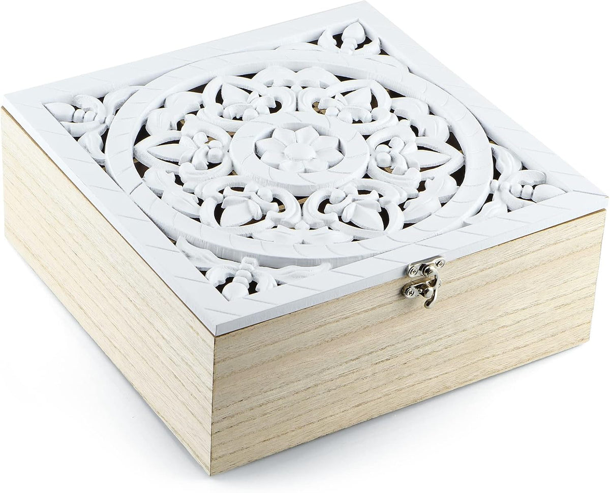 Wood Tea Bag Organizer, 9 Compartment Tea Storage Box with Floral Pattern Lid, Tea Holder Box for Cabinet, Pantry