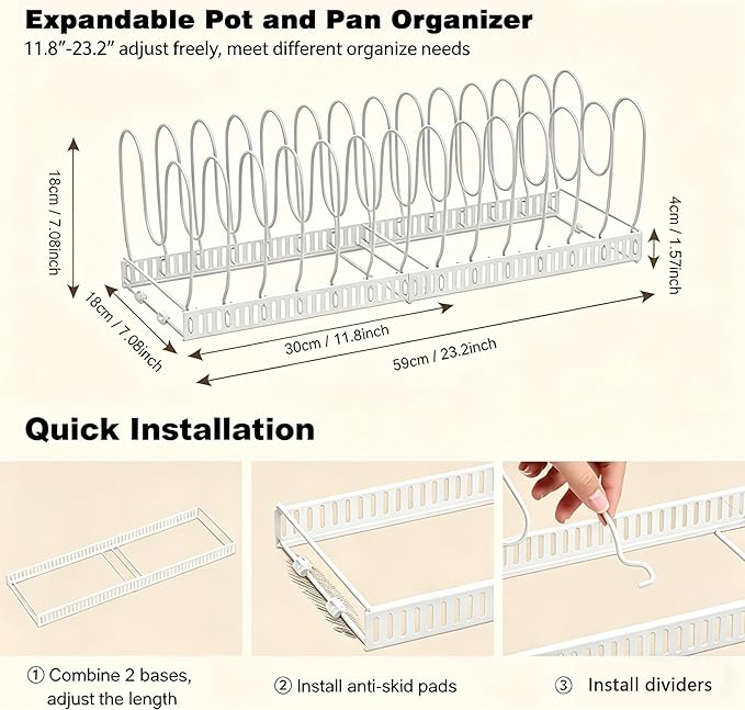Expandable Pot and Pan Organizer for Cabinet, 14 Adjustable Dividers, Versatile Pan Holder Storage Rack, Extends from 12'' to 23'', Fits Cabinets, Countertops, or Under Sink, White, Iron