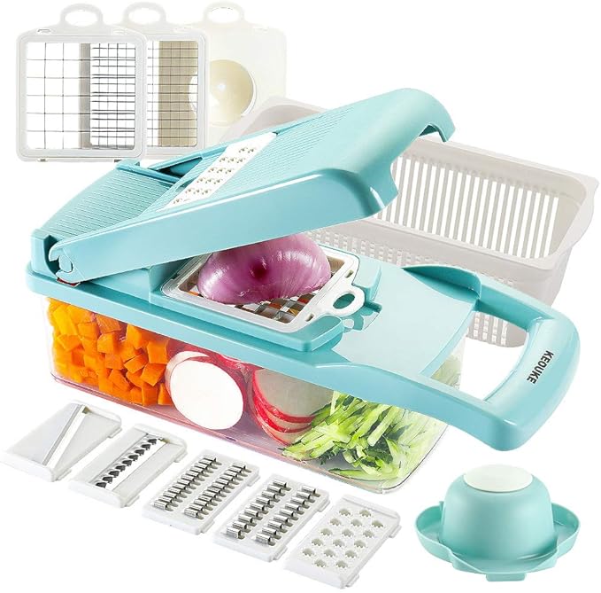 KEOUKE Vegetable Chopper Mandoline Slicer Blue - 12 in 1 Interchangeable Blades Food Chopper with Container, Hand Guard & Drainer, Veggie Dicer Kitchen Gadget for Onion, Cucumber, Tomato, Fruit