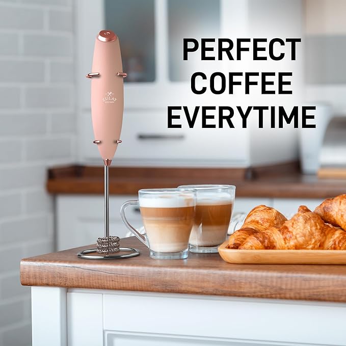 Zulay Kitchen Powerful Milk Frother Wand With Duracell Batteries - Ultra Fast Handheld Drink Mixer - Electric Whisk Foam Maker for Coffee, Lattes, Cappuccino & Matcha - Triple Whisk - Peach Radiance