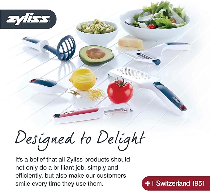 Zyliss Easy Control Handheld Slicer - Vegetable Slicer & Chopper - Fruit Cutter - Handheld Slicer with Two Stainless Steel Blades - Dishwasher Safe - White/Red, 13 inches