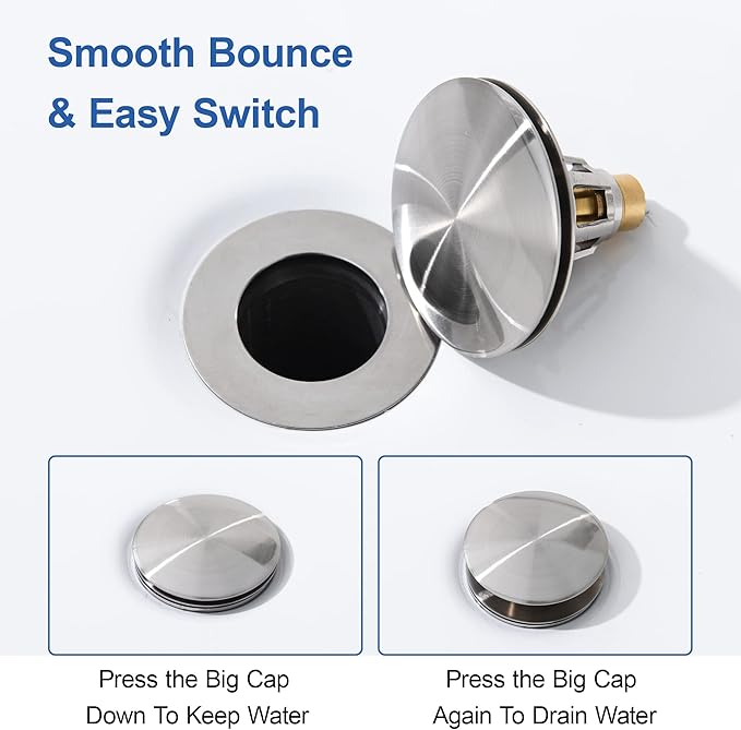 3-in-1 Universal Bathroom Sink Stopper - Brushed Nickel Pop Up Sink Drain Stopper, Brass Bounce Bullet Core Sink Stopper Replacement, Wash Basin Drain Filter Plug with Anti-Clogging Strainer