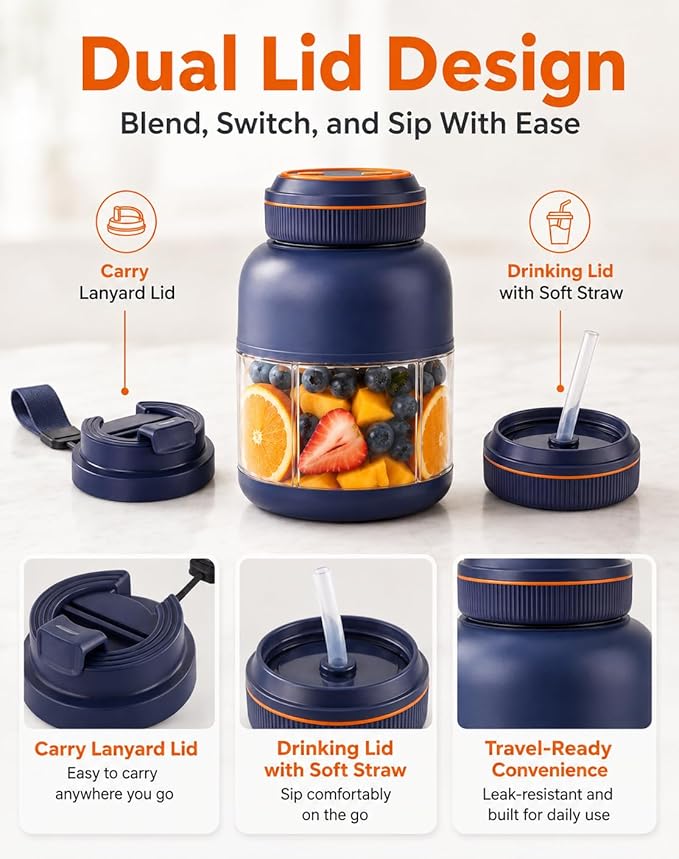 Portable Blender 44oz, Wireless Juicer Cup for Shakes and Smoothies, Personal Size Blender with Dual Lid & Leakproof Handle, Compact Travel Drinking Cup for Gym, Office, Kitchen, Outdoor (Blue 44oz)