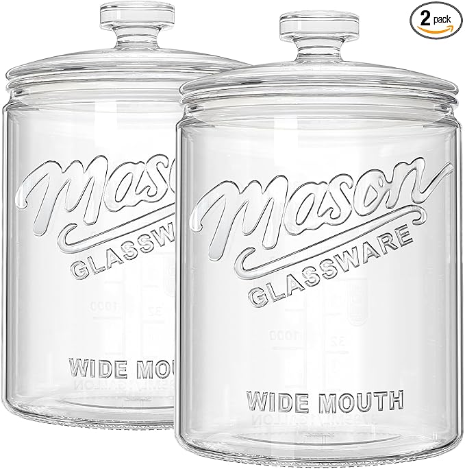 2 Pack 1 Gallon Glass Cookie Jar with Lid, Glass Canisters for Pantry Organizers & Storage, Wide Mouth Mason Jar for Flour Sugar, Sourdough Starter, Coffee, Dog Treat, Apothecary, Laundry Room