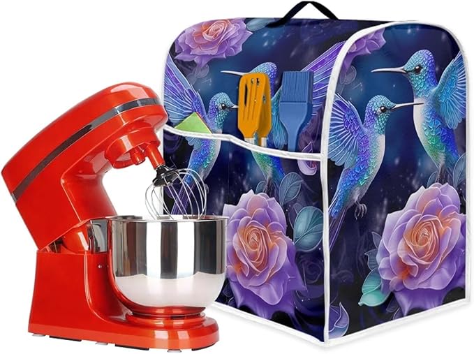 Hummingbird Rose Mixer Cover | Portable Dust Protector with Pockets | Kitchen Appliance Cover Compatible with 6-8 Quart Mixers, Coffee Makers & Juicers