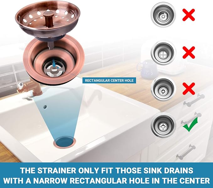 KONE Copper Kitchen Sink Strainer Basket, 2 Pcs Stainless Steel Antique Copper Sink Drain Strainer and Sink Stopper for Standard 3-1/2 inch Sink Drain, with Metal Center Knob and Rubber Drain Stopper