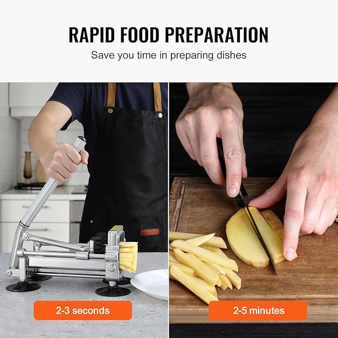 VEVOR French Fry Cutter, Potato Slicer with 1/2-Inch and 3/8-Inch Stainless Steel Blades, Manual Potato Cutter Chopper with Suction Cups, Great for Potato, French Fries, Cucumber, Vegetables, Carrot