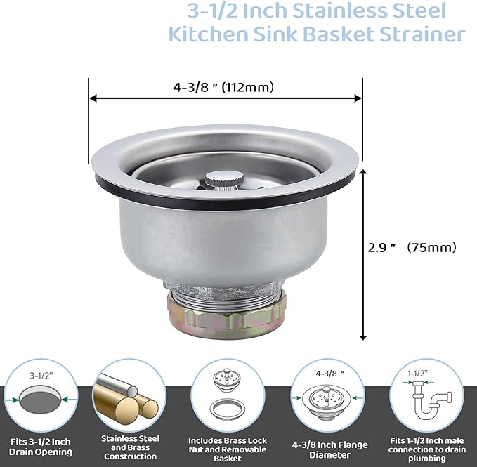 Kitchen Sink Basket for Moen 22036 Collection, 3-1/2 Inch Sink Drain Stopper Plug, Kitchen Sink Stainless Steel Basket Strainer with Drain Assembly, Stainless