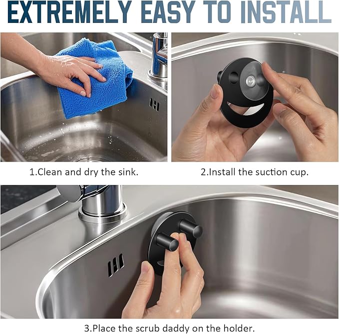 Yoshiky Stainless Steel Smiley Face Sponge Holder, Silver Sink Caddy Organizer Storage with Suction Cup for Kitchen, Kitchen Accessories Decor Scrubber-Black