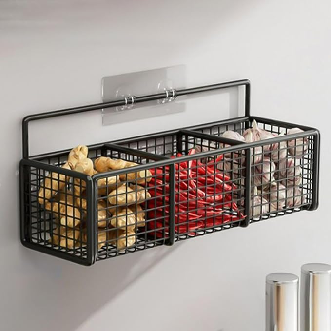 Storage Rack with 3 Compartments, Spice Rack Wall Mount, Punch-Free Hanging Spice Racks, Multi-Purpose Storages Organizer, Kitchen Storage Baskets for Seasonings Oniones Ginger Garli
