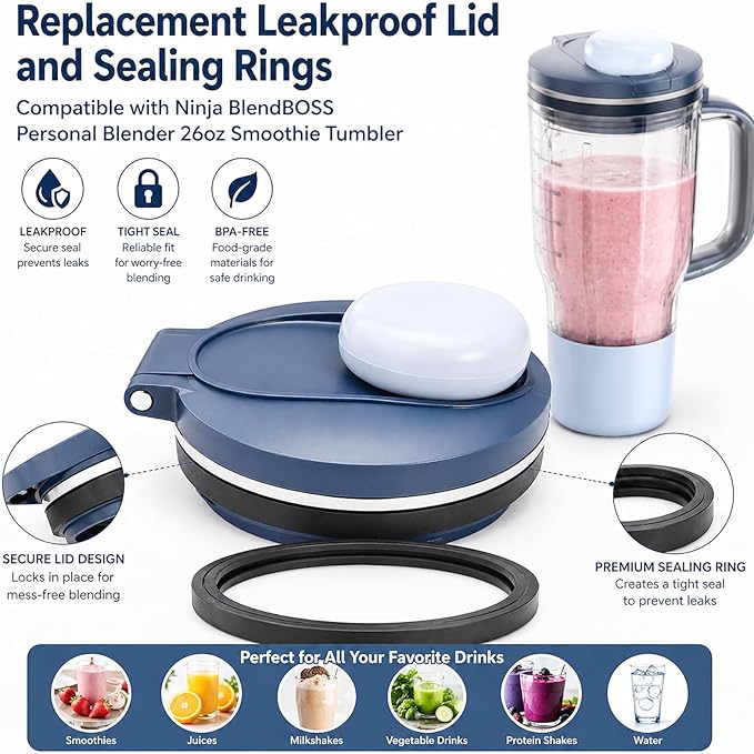 Replacement Leakproof Lid and sealing rings Compatible with Ninja BlendBOSS Personal Blender 26oz Personal Smoothie Tumbler (Cyberspace)