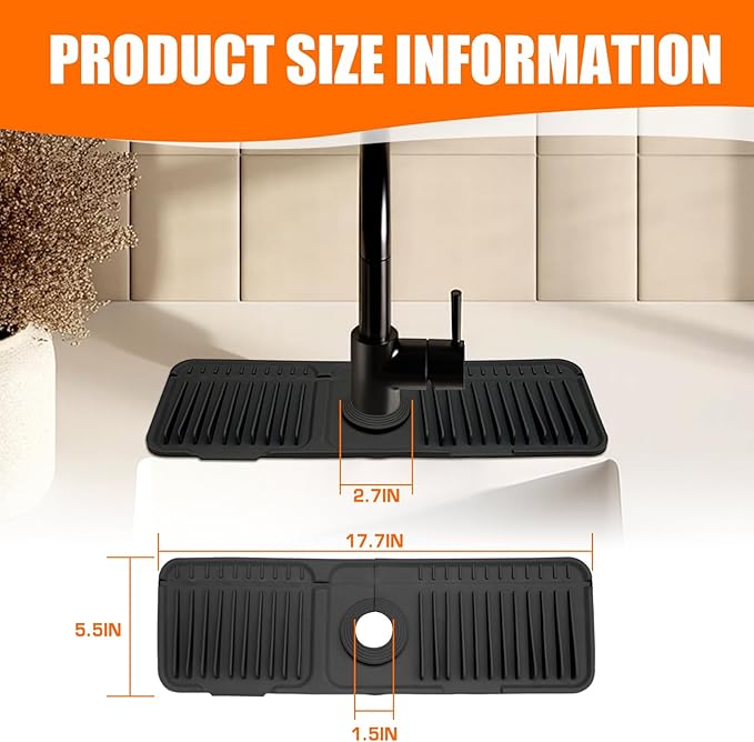 17.7" Silicone Faucet Mat for Kitchen Sink,7° Draining Mat with Snap Button Lock,Faucet Splash Guard and Sink Counter Organizer,Trim-to-Fit Kitchen Faucet Protector for Sponge Brush Cup