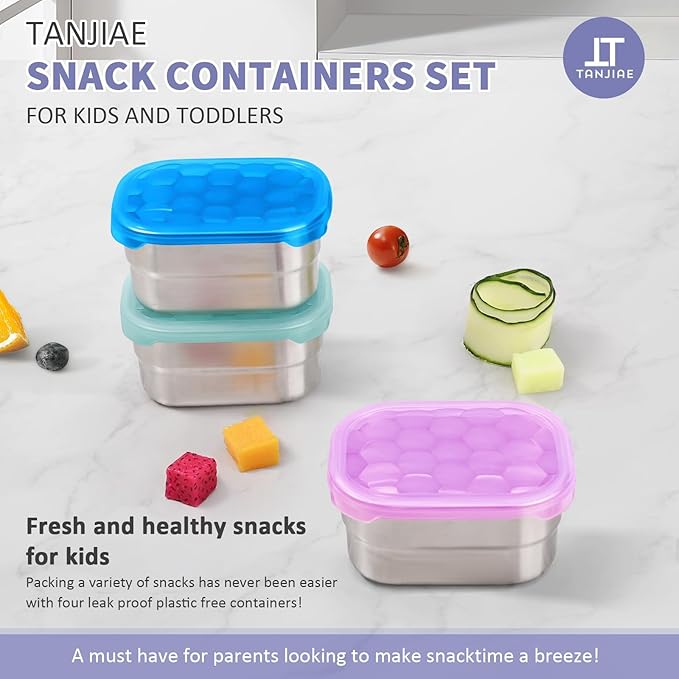 Tanjiae Snack Pro - Small (1 CUP) Stainless Steel Snack Containers for Kids | Easy Open Leak Proof Food Containers with Silicone Lids - Perfect Metal Toddler Lunch Box for Daycare and School (8oz*3)