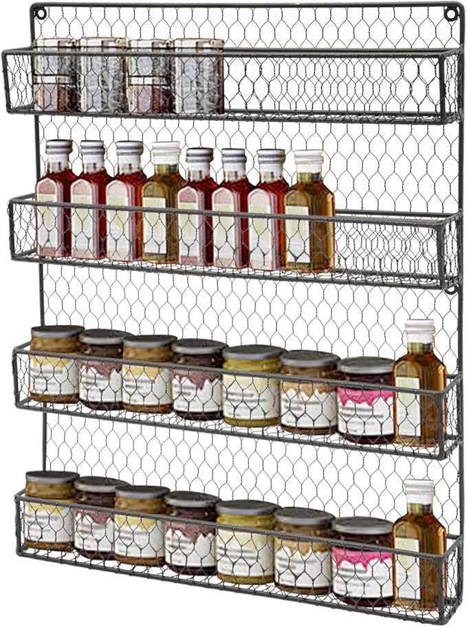 4-Tier Spice Rack Wall Mount, Metal Spice Rack for Space Saving, 17 x2 x 21 Inch Kitchen Spices Organizer, Seasoning Jar Storage Organizer Shelf Used for Kitchen