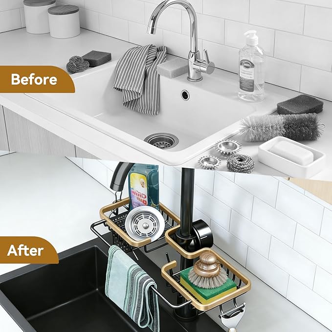 Faucet Holder, Double Faucet Storage Rack with Hooks Faucet Sponge Holder over Faucet Hanging Aluminum Detachable Faucet Drain Rack for Kitchen Sink Bathroom Organizer and Storage(Gold)