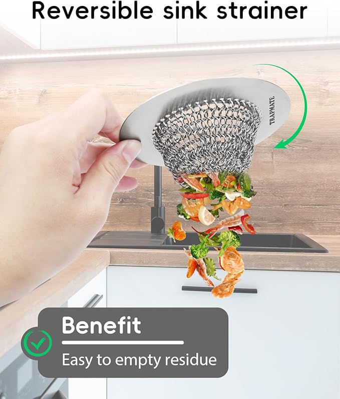 TRAPMATE 2 Pcs Kitchen Sink Drain Strainer, Stainless Steel Sink Strainer Basket with Easy Clean & Anti-Clog, Fits Garbage Disposal, Dishwasher Safe, Single & Double Bowl Sinks (Patented Product)