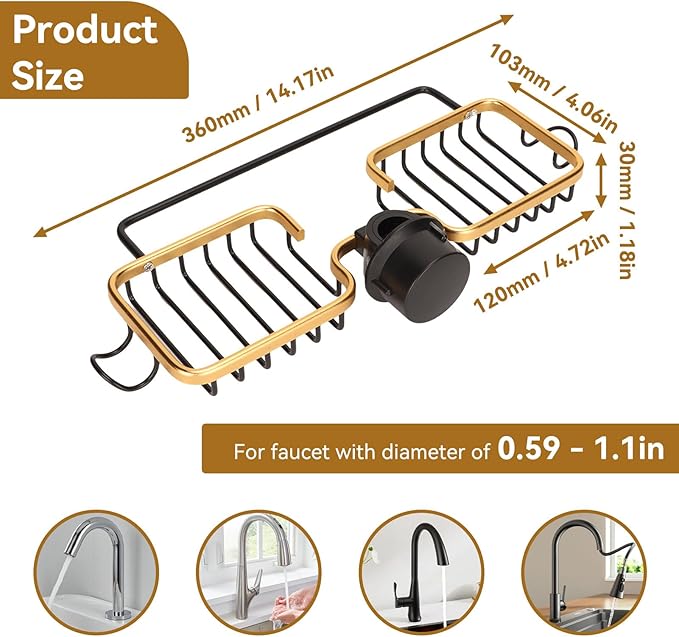 Faucet Holder, Double Faucet Storage Rack with Hooks Faucet Sponge Holder over Faucet Hanging Aluminum Detachable Faucet Drain Rack for Kitchen Sink Bathroom Organizer and Storage(Gold)
