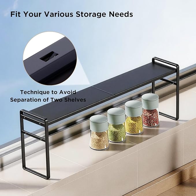 Expandable Narrow Shelf Organizer, Tall Countertop Organizer for Tight Spaces, Windowsill Plant Stand, Over-Sink/Faucet Shelf, Kitchen Counter Storage, Bathroom Vanity, Laundry Room (Black)
