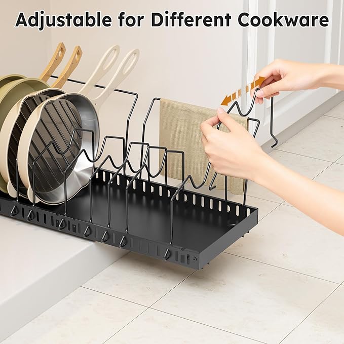 DTUQYX 2 Pack Pots and Pans Organizer Under Cabinet - Pull Out Pot and Pan Organizer Expandable Pot and Pan Lid Organizer with 10 Adjustable Dividers for Pot, Lid, Cutting Board, Dishes, Baking Tray