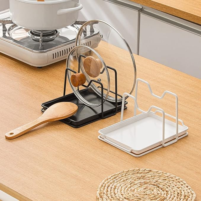 Poeland Pot Lid Holder, 2 Layers Pot Lids Organizer Multifunctional Lid and Spoon Rest Rack with Drip Tray for Lids, Spatulas, Spoons, Cutting Boards