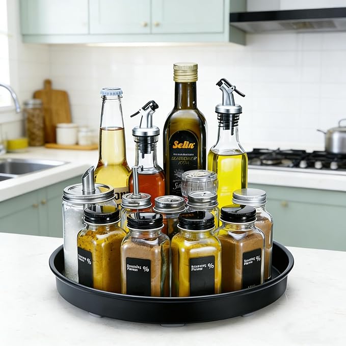 Amolliar Black Lazy Susan Turntable Organizer, 12" 2 Pack, Non-Skid Metal Spice Rack Organization for Cabinet, Kitchen, Fridge, Countertop, Makeup, Pantry Organizer and Storage, Under Sink Organizer