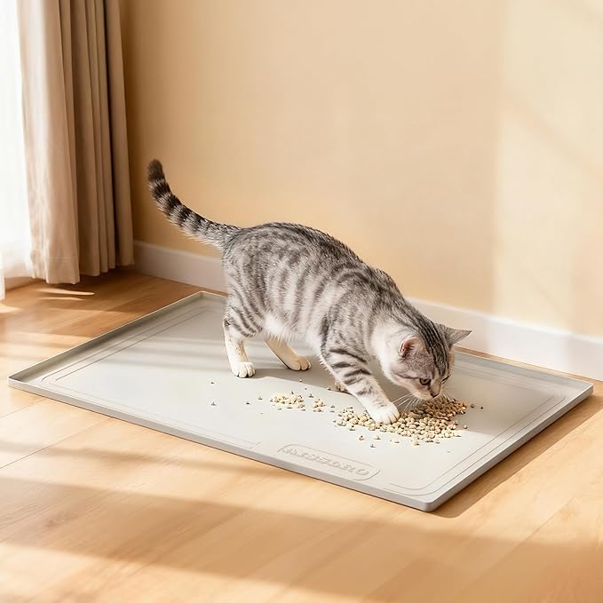 Aisslro Under Sink Mat 34" X 22", Waterproof Silicone Cabinet Organizer Protector with Raised Edge, Kitchen & Bathroom Leak Tray, Shelf Liner & Pet Feeding Mat for Dog Cat Food Mats, Beige