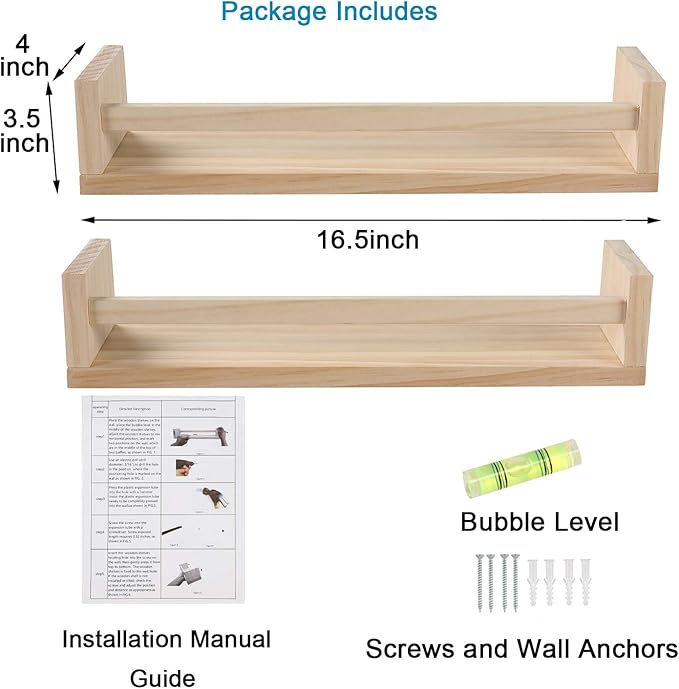 JORIKCHUO Nursery Book Shelves, Set of 2 Wood Floating Book Shelves for Kids Room, Kitchen Spice Rack, or Rustic Wall Mounted Shelves for Farmhouse Bathroom Décor (Natural Wood)