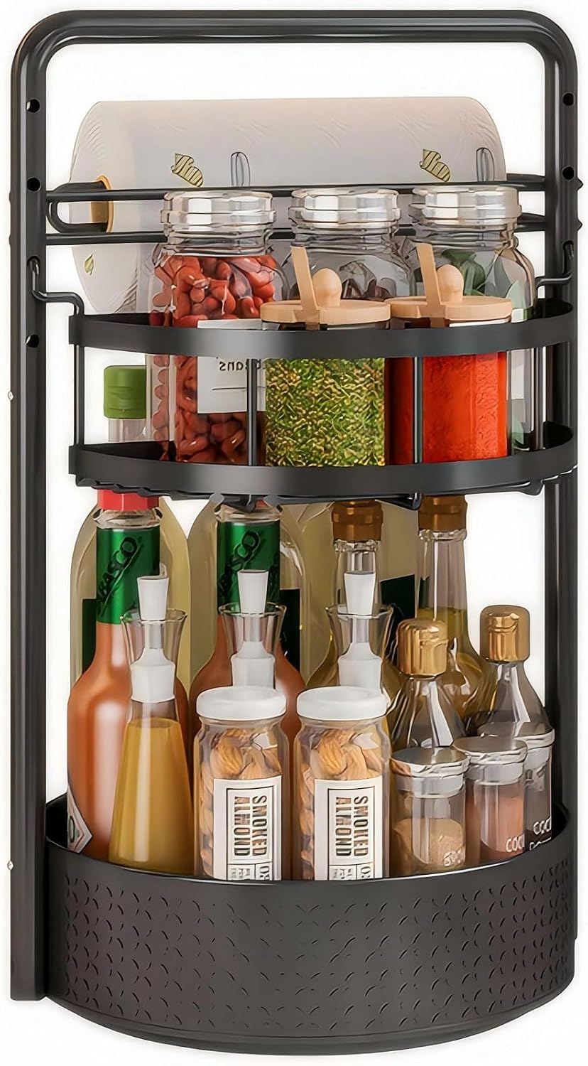 Rotating Spice Rack with Paper Towel Holder, Black