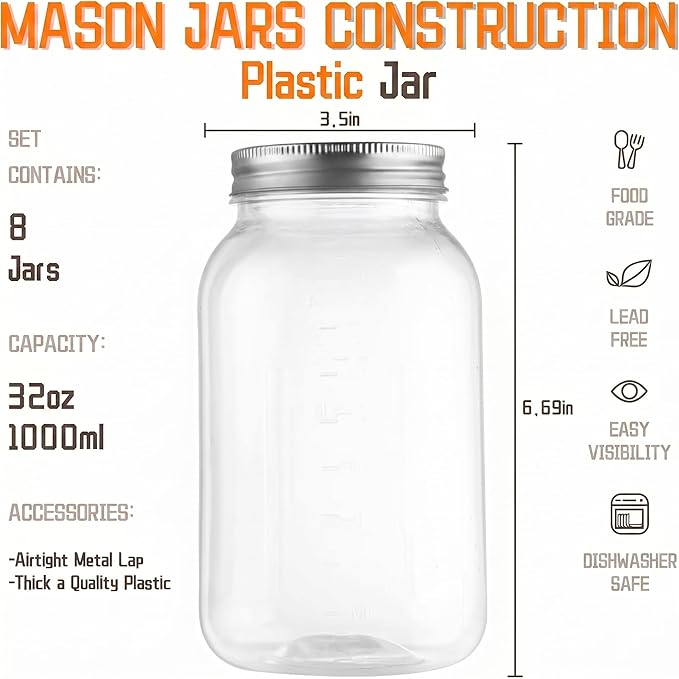 novelinks 32 oz Mason Jars with Plastic Lids, 8 Pack Large Plastic Salad Jars with Lids 32oz, Reusable Spice Containers & Kitchen Jars for Pantry Organization (8 Pack,Silver)