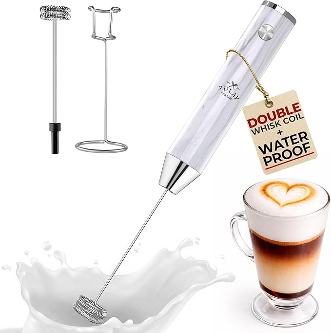 Zulay Kitchen Rechargeable Milk Frother Handheld - Frother Wand, Drink Mixer, Electric Whisk Frother, for Cappuccinos, Matcha & Protein Powder - Lux 4 Whisk 2 Speed Waterproof 2000mAh White Marble