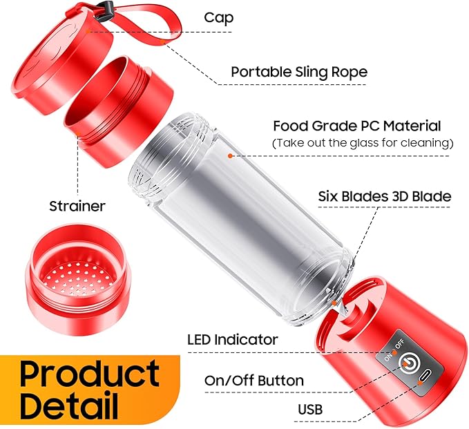Portable Blender for Smoothies & Shakes - Cordless Personal Size Blender with 6 Blades, 380Ml Juice Cup, Lightweight & Rechargeable, Freshly Squeezed for Picnic/Sports/Office