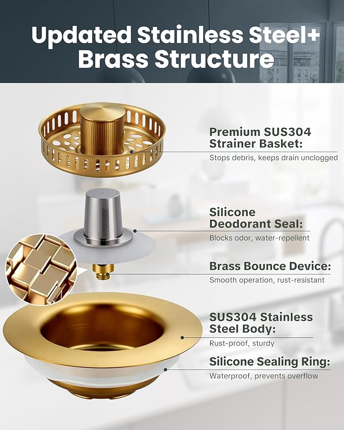 ARCORA Kitchen Sink Drain Strainer: Stainless Steel 3 in 1 Sink Stopper with Anti-Clogging Basket, Kitchen Strainer with Brass Bounce Core for Standard 3-1/2 Inch Drain, Brushed Gold