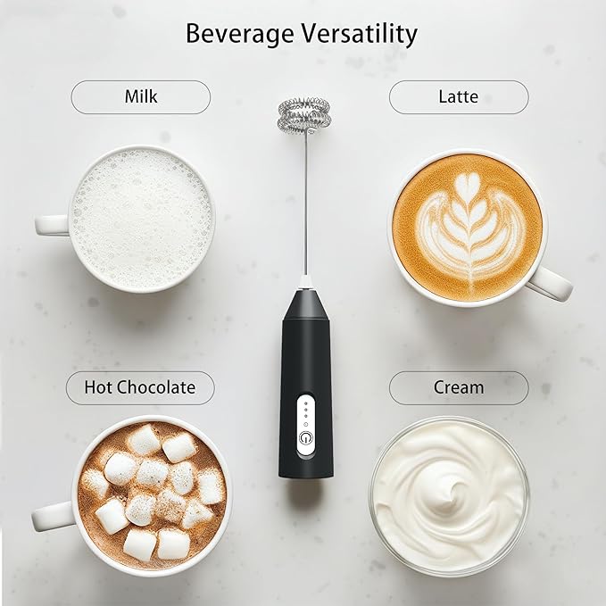 Puraville Rechargeable Milk Frother Handheld, 3 Speeds Electric Whisk Drink Mixer, Type-C Charging BPA Free for Coffee, Latte, Cappuccino, Egg, Cream, Black