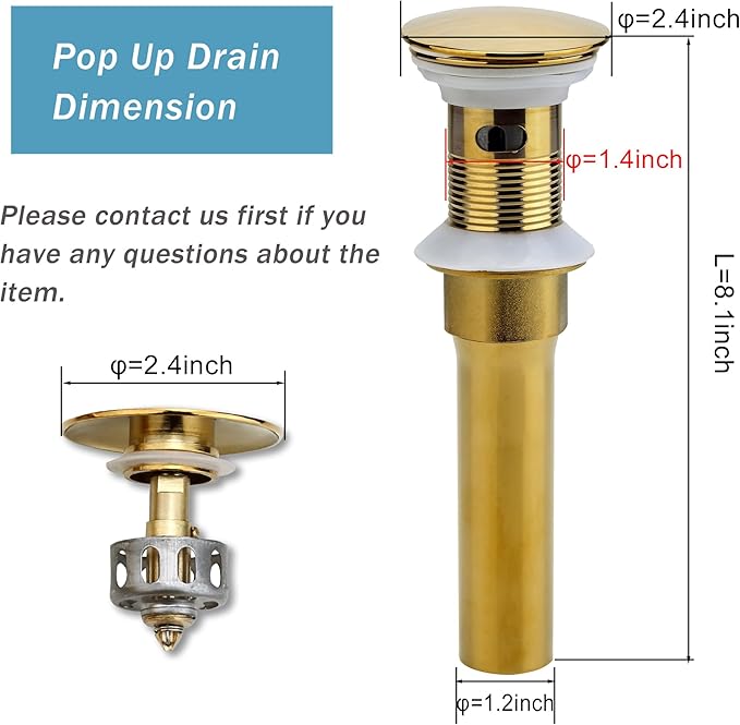 Rockgoya Bathroom Sink Drain, 2 Pack Gold Drain Stopper Bathroom Sink with Overflow, Pop Up Drain Assembly with Detachable Strainer Basket, Built-in Anti-Clogging Strainer,Stainless Steel
