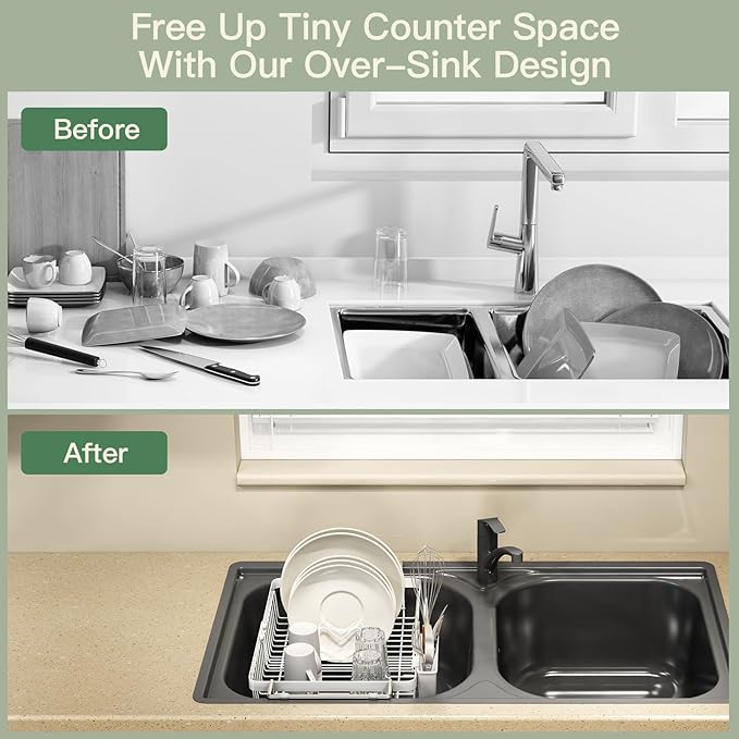 MAJALiS White Dish Drying Rack Over The Sink, Expandable Stainless Steel Dish Drainer for Small Kitchen Counter Space Saving, RV Compact Plate Strainer in Metal with Hanging Adjustable Utensil Holder