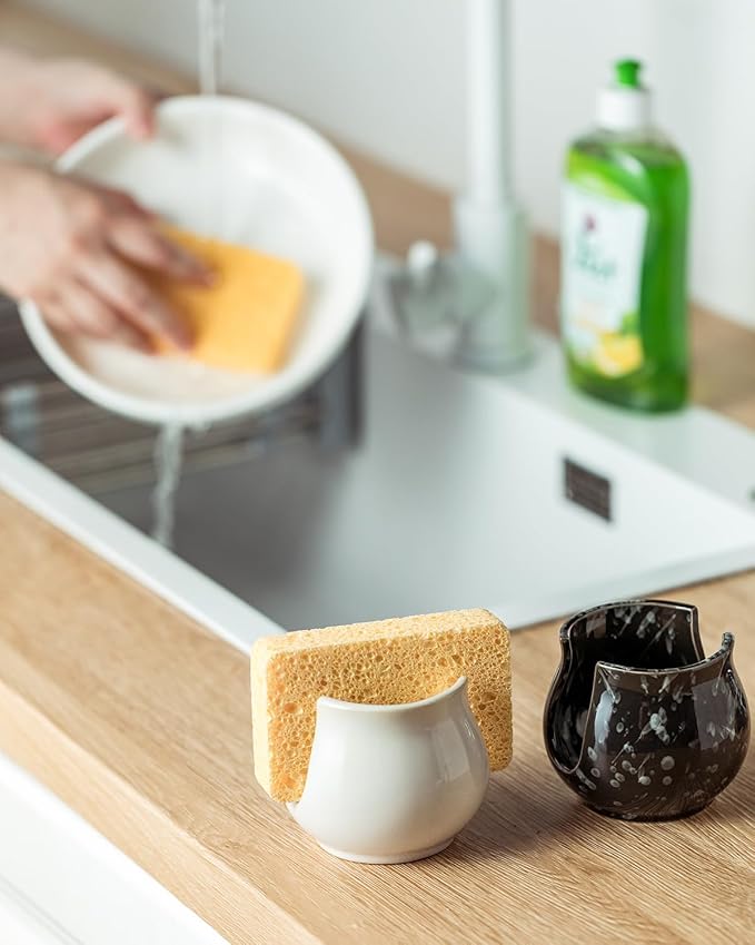 Zoeeker Kitchen Sponge Holder, Ceramic Dish Sponge Holder Kithen Sink Organizer Farmhouse Brush Holder Dish Rack for Bathroom, Kitchen, Sink, Black