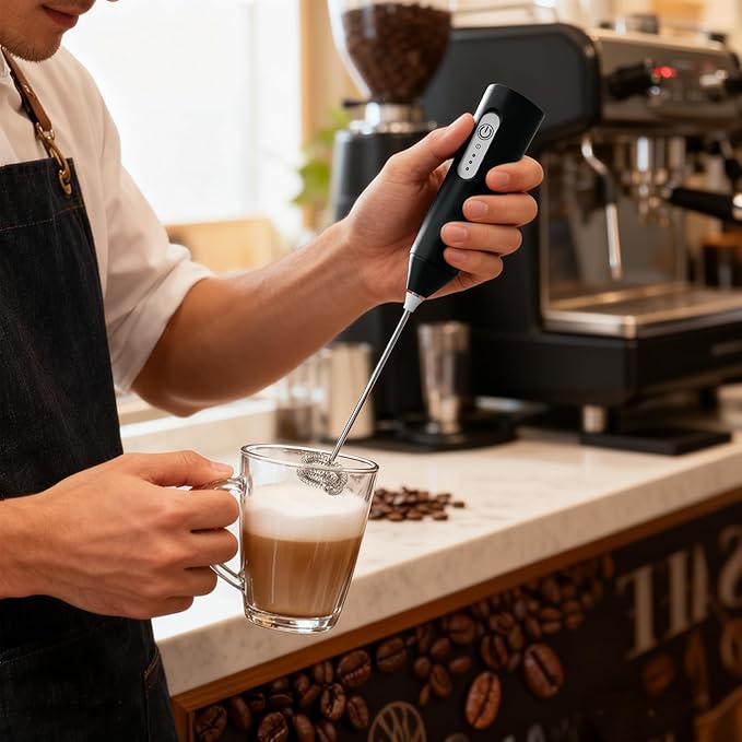 Puraville Rechargeable Milk Frother Handheld, 3 Speeds Electric Whisk Drink Mixer, Type-C Charging BPA Free for Coffee, Latte, Cappuccino, Egg, Cream, Black
