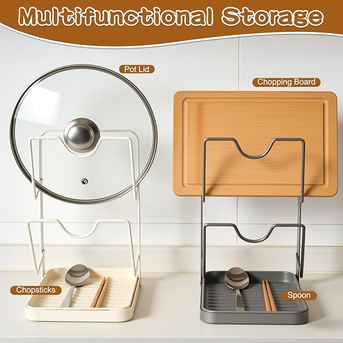 Kitchen Pot Lid Storage Rack,Pot Lid Organizer,Kitchen Pot Lid Holder While Cooking,Space-Saving Lids Racks,Multifunctional Kitchen Pots Lids Organizer for Countertop(Beige)