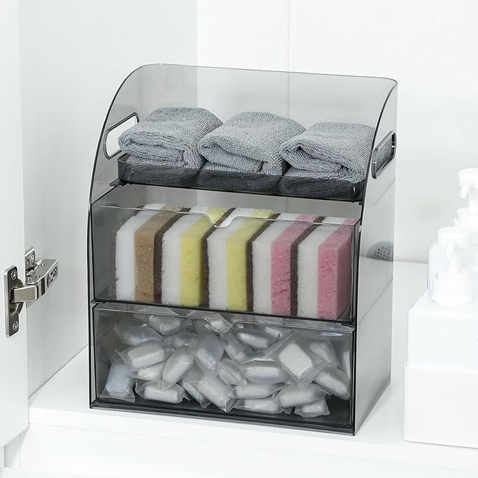 Plastic Under Sink Organizer with Drawers, Gray Kitchen and Pantry Storage Container for Trash Bags, Dishwasher Detergents, Sponge, Large Laundry Pods Dispenser with Handle for Cabinet