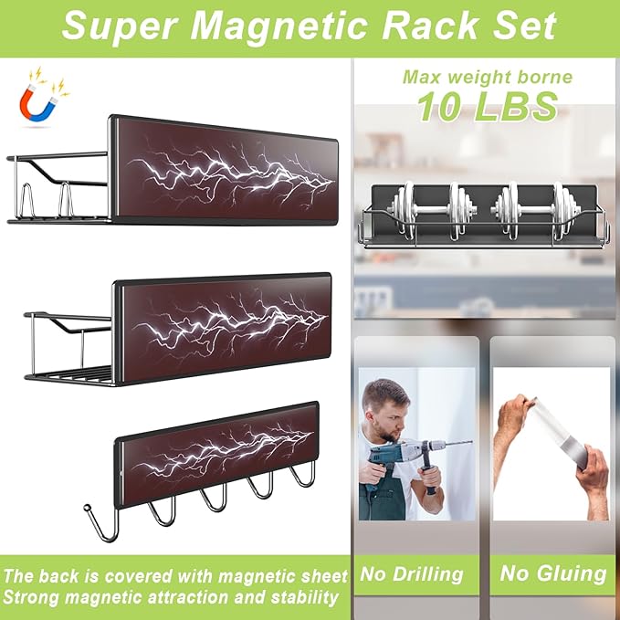 Magnetic Spice Rack for Refrigerator, 5 Pack Metal Strong Magnet Spice Organizer Shelves with Hook Rack, Space Saving Magnetic Fridge Shelf for Home Kitchen Organization and Storage (Black)