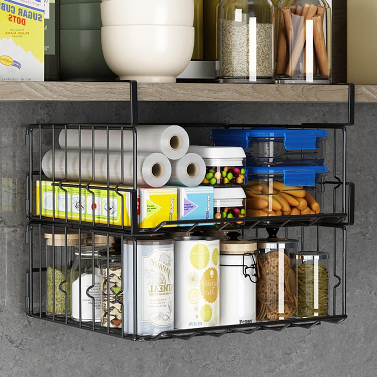 Under Shelf Storage Baskets, Under Cabinet Basket, 2 Pack, Black