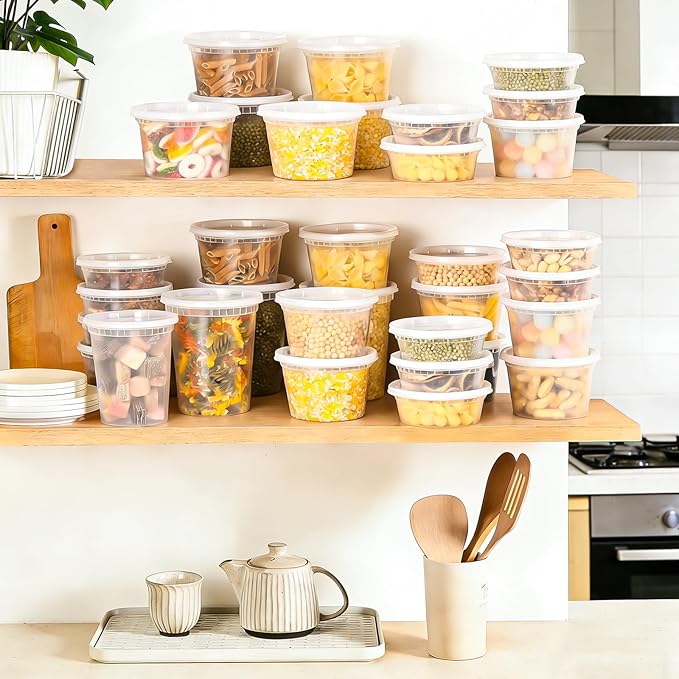 BYSNOW 60 Sets Deli Containers with Lids, 32/16/8 oz X 20 Set Each, Leak-Proof & BPA Free Airtight Stackable Takeout Plastic Food Storage Containers, Freezer/Microwave/Dishwasher Safe
