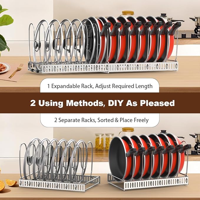 Housolution 2 Pack Pot and Pan Organizer, 12"-23" Expandable Pot Lid Organizer with 14 Adjustable Dividers, Pan Lid Holder Storage Rack for Cabinet, Silver