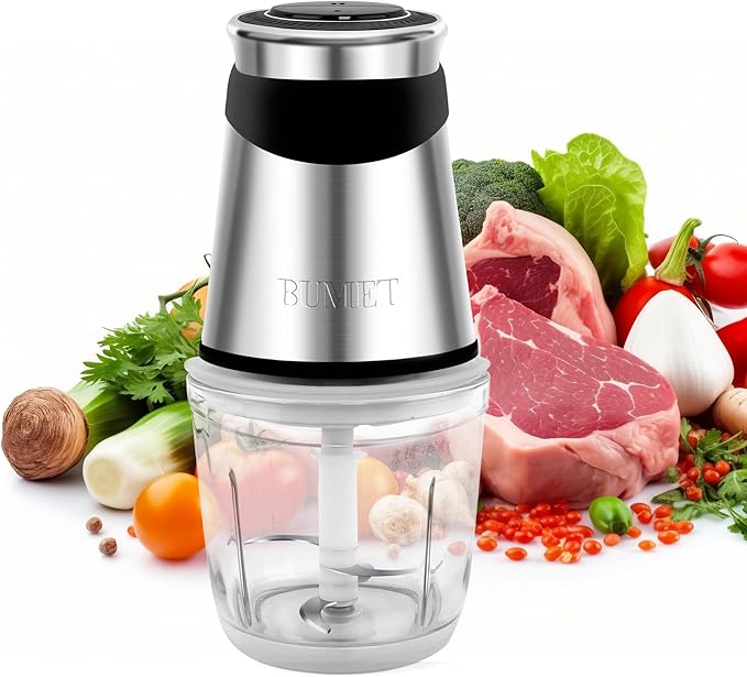 BUMET Electric Food Processor Vegetable Chopper 500W with 2.5 Cup Glass Bowl and Stainless Steel 4 Blades Cutter Mini Food Chopper for Home Use, Mincing, and Puree for Kitchen Aid, Baby Food