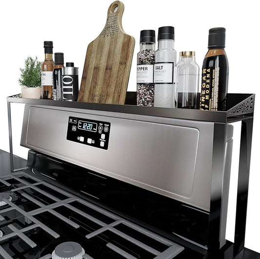 STUTOV 30-Inch Black Metal Over Stove Spice Rack Shelf – Magnetic Kitchen Organizer for Stove Top, Black Countertop Storage Rack for Spices, One-Piece Kitchen Gadgets