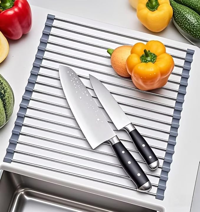 Roll Up Dish Drying Rack, Stainless Steel and Silicone Dish Drying Mat Over The Sink Foldable Drain Rack Multipurpose Dish Drainer for Kitchen, 14.5” x 14”, Gray