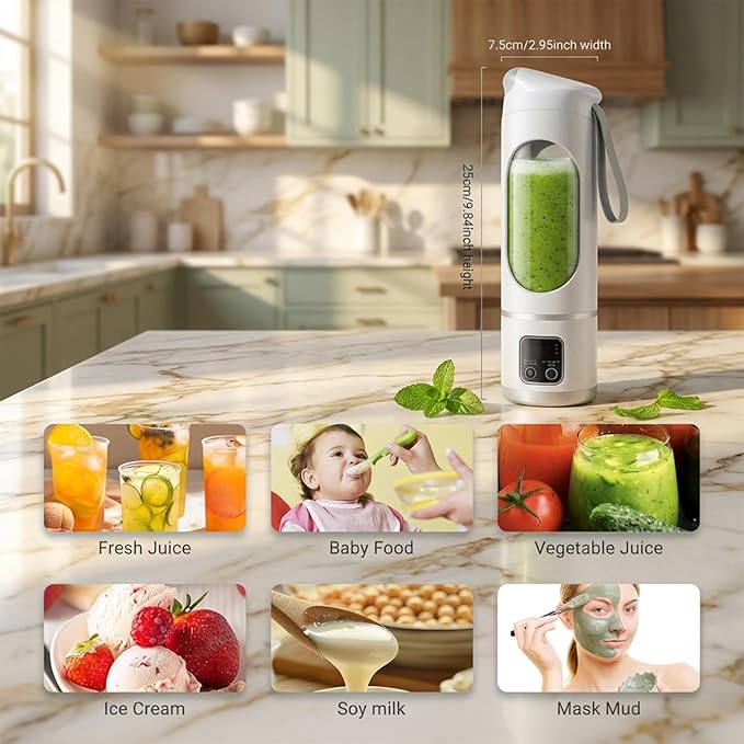 Portable Personal Electric Blender，500ML Portable Shakes and Smoothies Blender，12 Blades USB Rechargeable Small Blenders、Mixing、Compact、Convenient and Versatile (White)