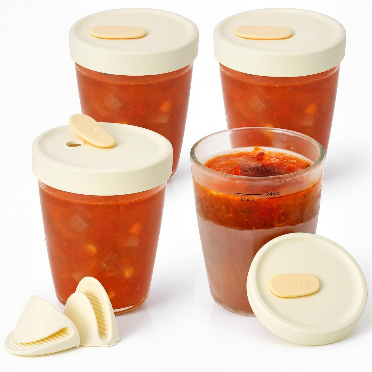 24 oz Glass Soup Freezer Containers with Vented Silicone Lids,4 Pack