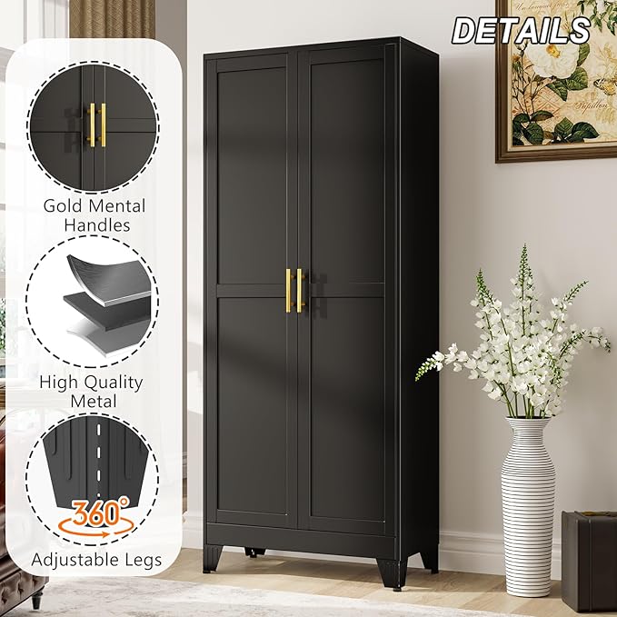 winiowa Metal Pantry Cabinet with 2 Doors and Adjustable Shelves - 71" Kitchen Storage Cabinet with Gold Handles - Versatile Storage for Kitchen, Bathroom, Dining Room, Utility Room - Black